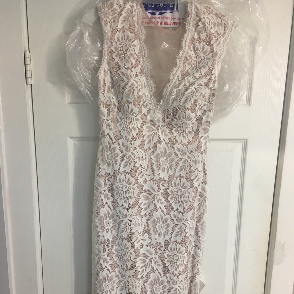 Full Length Betsy & Adam White Lace formal dress